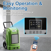 Green AlorAir Storm Ultra in a concrete room with an enlarged view of its LCD and a hand holding a phone, captioned Easy Operation and Monitoring