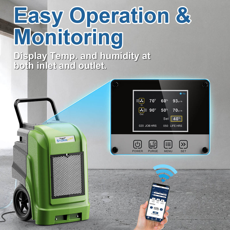 Green AlorAir Storm Ultra in a concrete room with an enlarged view of its LCD and a hand holding a phone, captioned Easy Operation and Monitoring