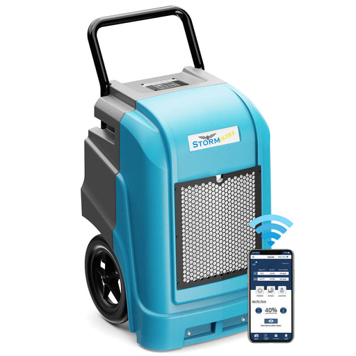 AlorAir Storm Ultra in blue and gray, front three-quarter view beside a phone showing the AlorAir app