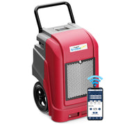 AlorAir Storm Ultra in red and gray, front three-quarter view beside a phone showing the AlorAir app