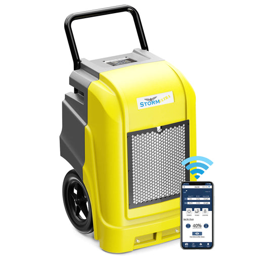 AlorAir Storm Ultra in yellow and gray, front three-quarter view beside a phone showing the AlorAir app
