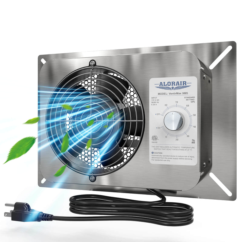 Stainless AlorAir VentirMax 300S ventilation fan on its mounting plate with the humidistat knob and power cord