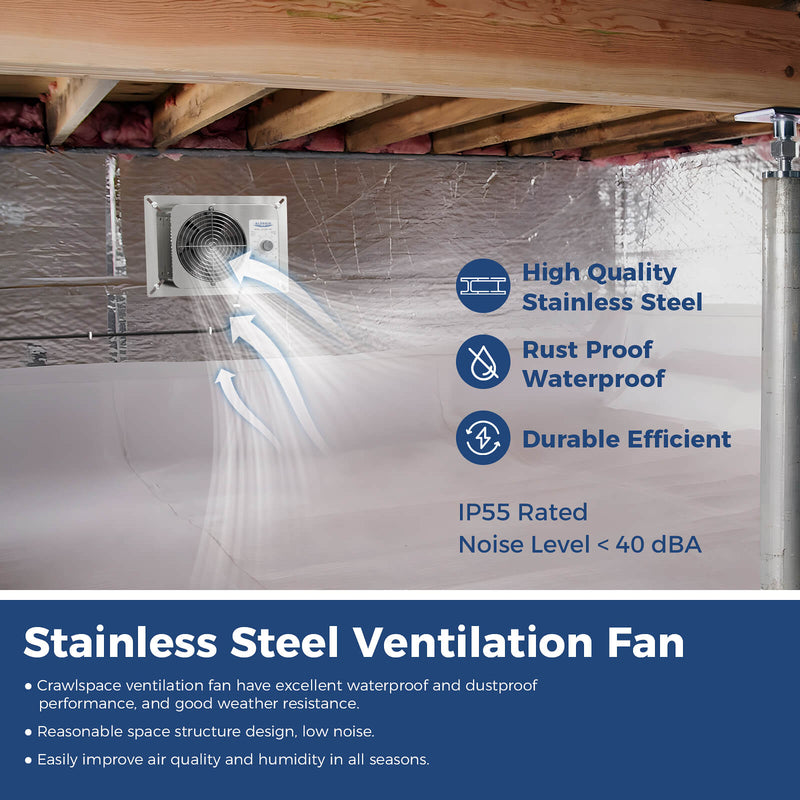 VentirMax 300S installed in an insulated crawl space, with stainless steel, rust proof, IP55 and under 40 dBA labels