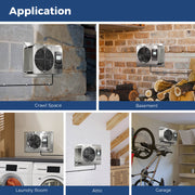 VentirMax SD fans in a crawl space, basement, laundry room, attic and garage, with an Application header