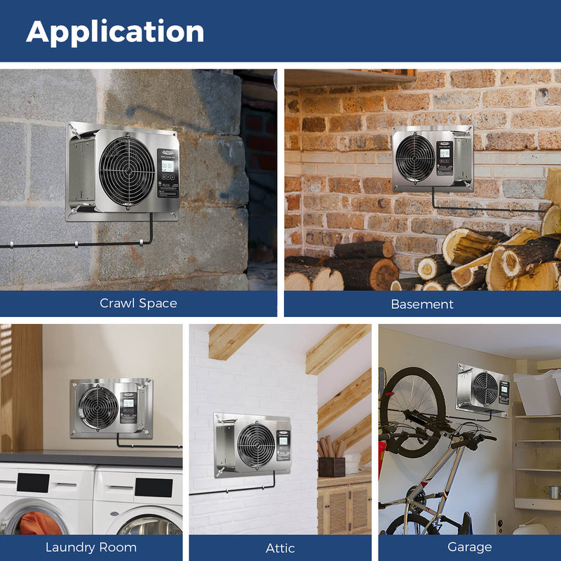 VentirMax SD fans in a crawl space, basement, laundry room, attic and garage, with an Application header