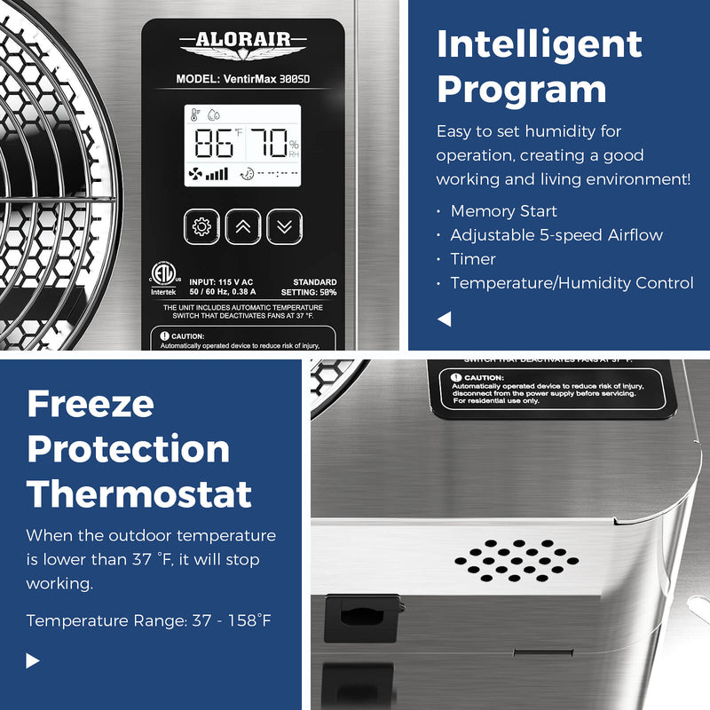 Close-up of the VentirMax 300SD digital controller, with Intelligent Program and Freeze Protection Thermostat panels