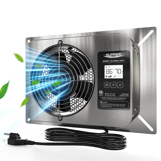 Stainless AlorAir VentirMax 300SD ventilation fan on its mounting plate with the digital display and power cord
