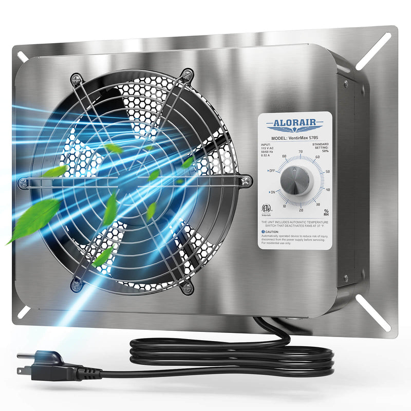 Stainless AlorAir VentirMax 570S ventilation fan on its mounting plate with the humidistat knob and power cord