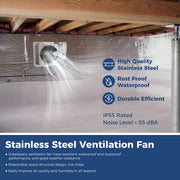 VentirMax 570S installed in an insulated crawl space, with stainless steel, rust proof, IP55 and under 55 dBA labels