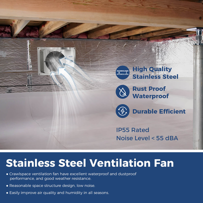 VentirMax 570S installed in an insulated crawl space, with stainless steel, rust proof, IP55 and under 55 dBA labels