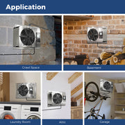 VentirMax SD fans in a crawl space, basement, laundry room, attic and garage, with an Application header