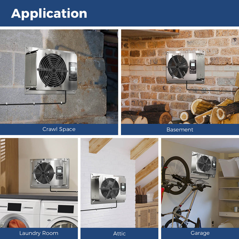 VentirMax SD fans in a crawl space, basement, laundry room, attic and garage, with an Application header