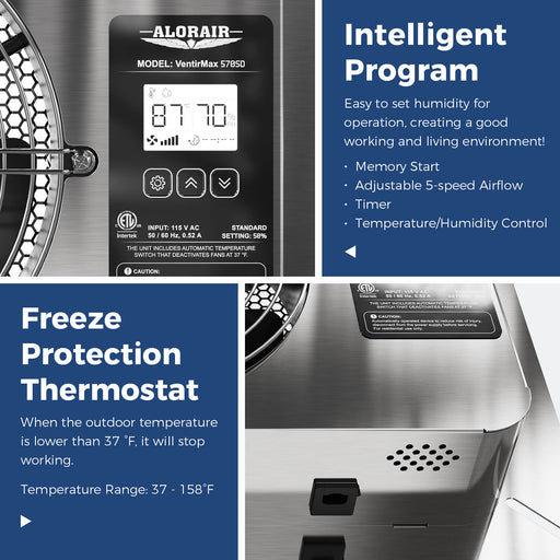 Close-up of the VentirMax 570SD digital controller, with Intelligent Program and Freeze Protection Thermostat panels