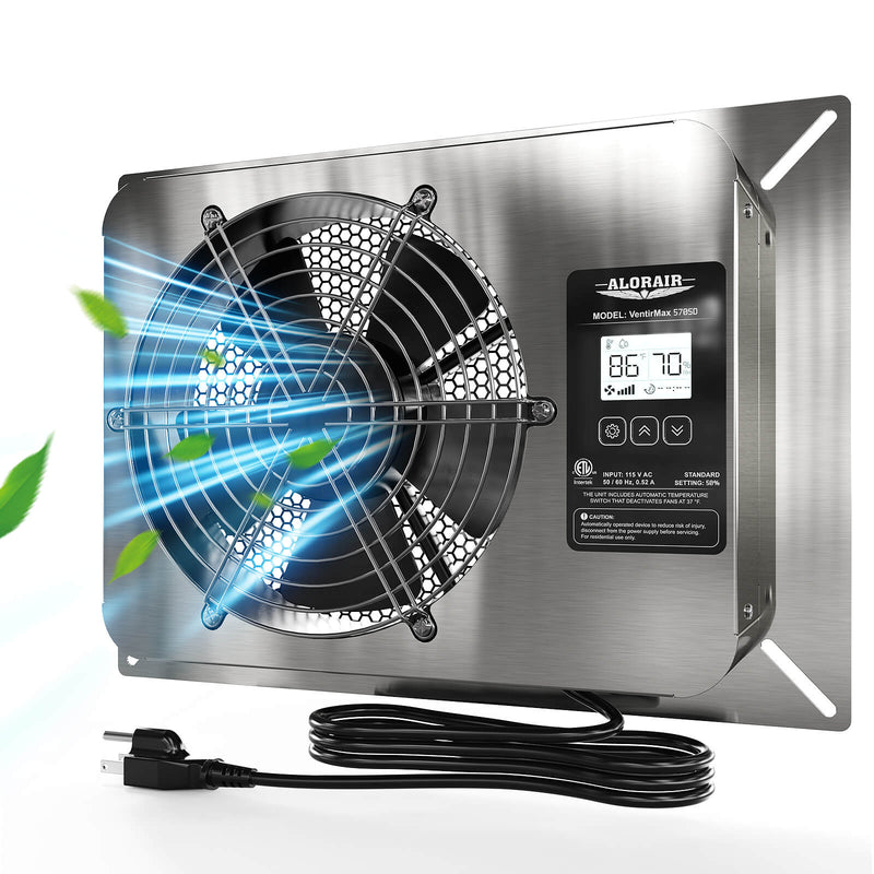 Stainless AlorAir VentirMax 570SD ventilation fan on its mounting plate with the digital display and power cord