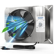 Stainless AlorAir VentirMax 780S ventilation fan on its mounting plate with the humidistat knob and power cord