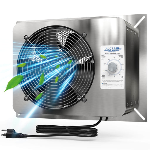 Stainless AlorAir VentirMax 780S ventilation fan on its mounting plate with the humidistat knob and power cord
