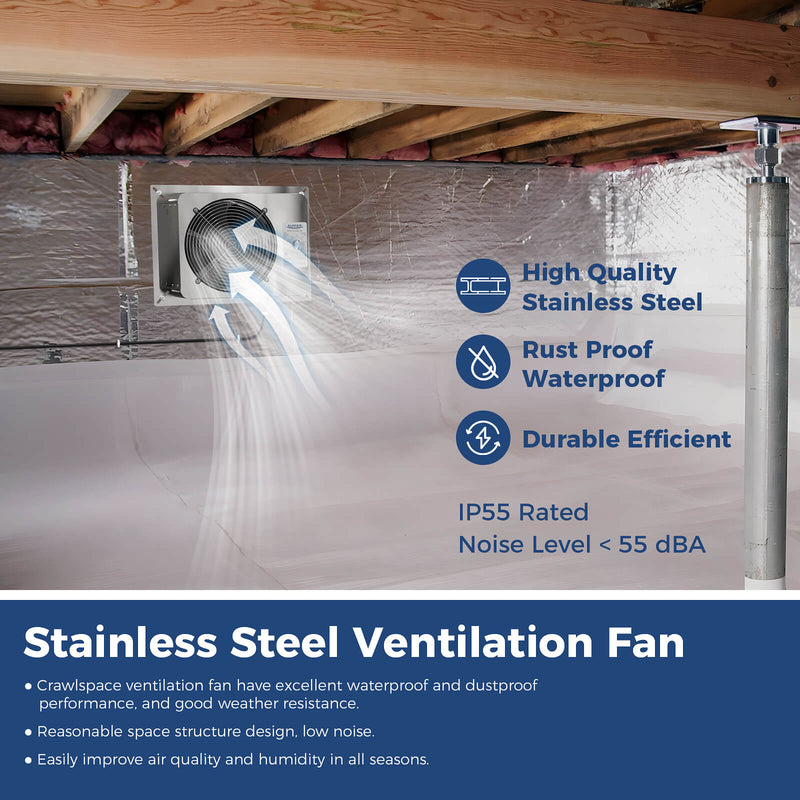 VentirMax 780S installed in an insulated crawl space, with stainless steel, rust proof, IP55 and under 55 dBA labels