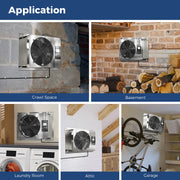 VentirMax SD fans in a crawl space, basement, laundry room, attic and garage, with an Application header