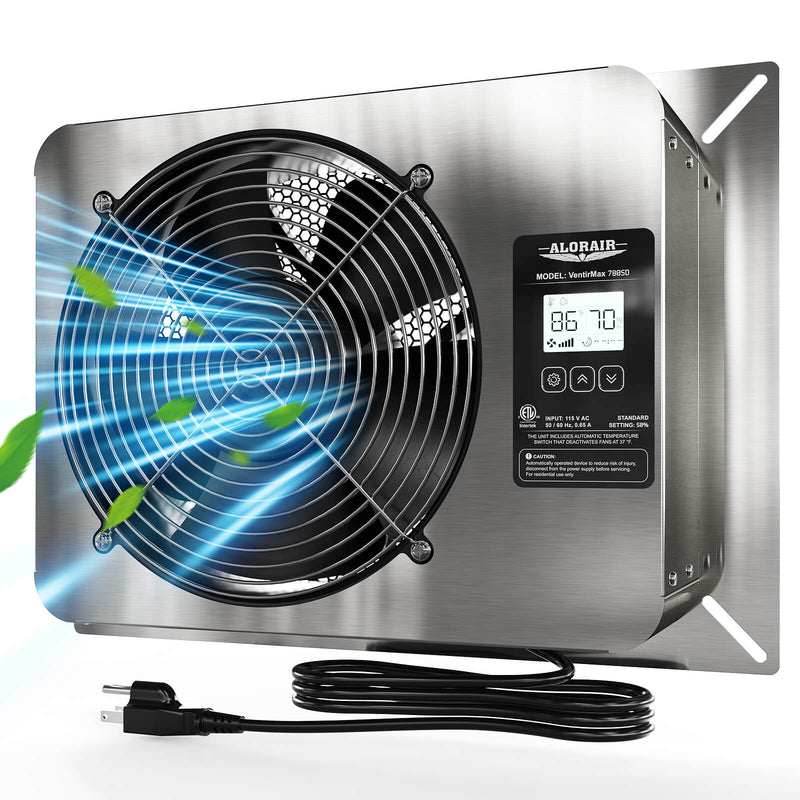 Stainless AlorAir VentirMax 780SD ventilation fan on its mounting plate with the digital display and power cord