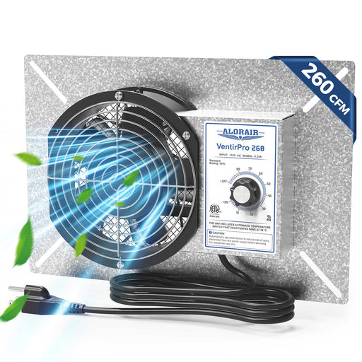 AlorAir VentirPro 260 ventilation fan on its mounting plate with the humidistat control box and power cord