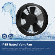 VentirPro fan motor with a water splash, with an IP55 Rated Vent Fan caption