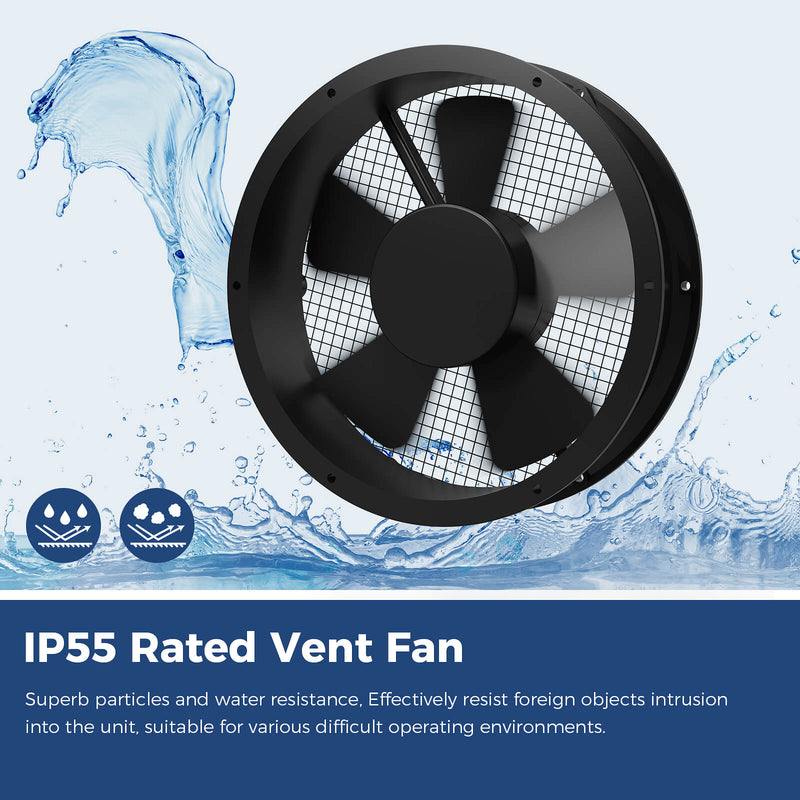 VentirPro fan motor with a water splash, with an IP55 Rated Vent Fan caption