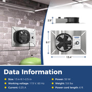 VentirPro 260S dimensions 13.4" x 9.1" x 2.5", with 115 V, 0.25 A, 30 W, 3.8 lbs and 6' cord data