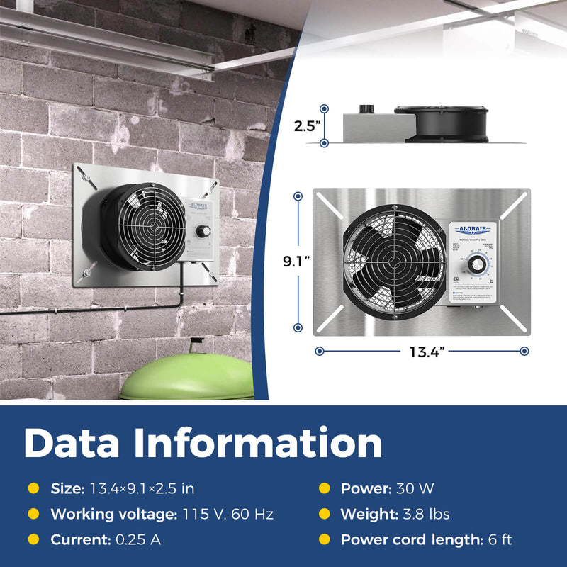 VentirPro 260S dimensions 13.4" x 9.1" x 2.5", with 115 V, 0.25 A, 30 W, 3.8 lbs and 6' cord data