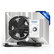 AlorAir VentirPro 260S ventilation fan on its mounting plate with the humidistat control box and power cord