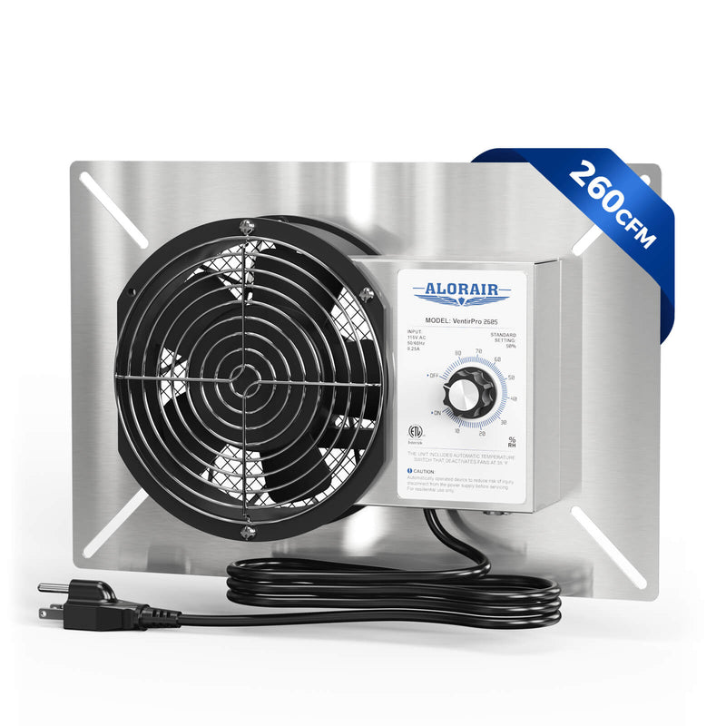 AlorAir VentirPro 260S ventilation fan on its mounting plate with the humidistat control box and power cord
