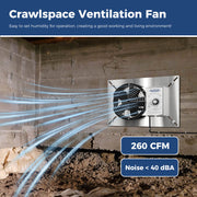 Stainless VentirPro 260S exhausting air on a block crawl space wall, with 260 CFM and Noise under 40 dBA labels