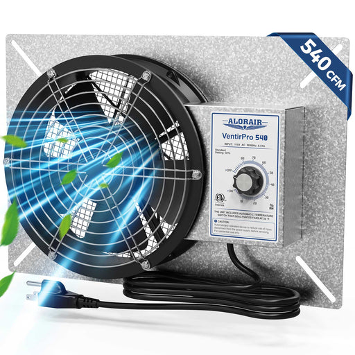 AlorAir VentirPro 540 ventilation fan on its mounting plate with the humidistat control box and power cord