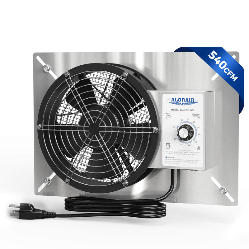 AlorAir VentirPro 540S ventilation fan on its mounting plate with the humidistat control box and power cord