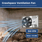 Stainless VentirPro 540S exhausting air on a block crawl space wall, with 540 CFM and Noise under 55 dBA labels
