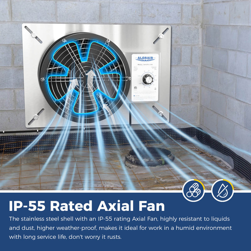 Stainless VentirPro 540S mounted on a block wall, with an IP-55 Rated Axial Fan caption