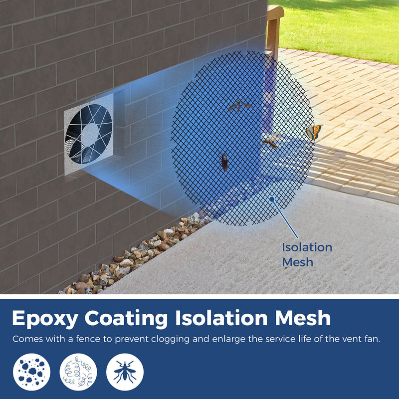 Diagram of the VentirPro isolation mesh blocking insects at a foundation vent, with an Epoxy Coating Isolation Mesh caption