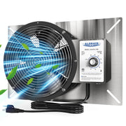 AlorAir VentirPro 720S ventilation fan on its mounting plate with the humidistat control box and power cord