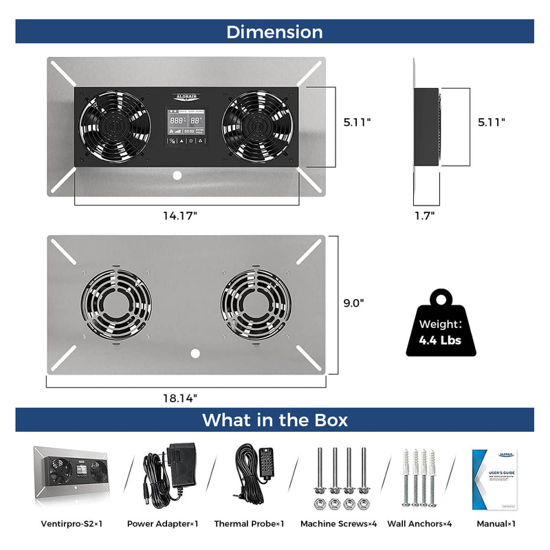 VentirPro-S2 dimension drawing, 18.14" x 9" and 1.7" deep, 4.4 lbs, with the box contents: fan, adapter, probe, screws, anchors, manual