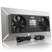 AlorAir VentirPro-S2 with two fans and a digital controller on a stainless mounting plate, with its power adapter