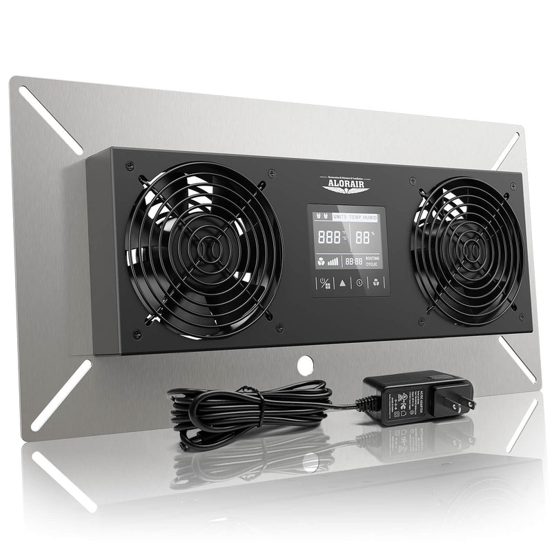 AlorAir VentirPro-S2 with two fans and a digital controller on a stainless mounting plate, with its power adapter