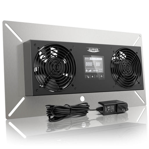 AlorAir VentirPro-S2 with two fans and a digital controller on a stainless mounting plate, with its power adapter