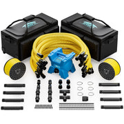 AlorAir X-Force kit laid out: blue blower, coiled yellow air hose, black supply lines and nozzles, manifolds, fittings and two black duffel bags