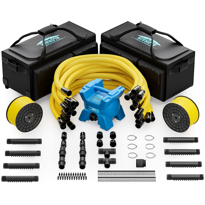 AlorAir X-Force kit laid out: blue blower, coiled yellow air hose, black supply lines and nozzles, manifolds, fittings and two black duffel bags