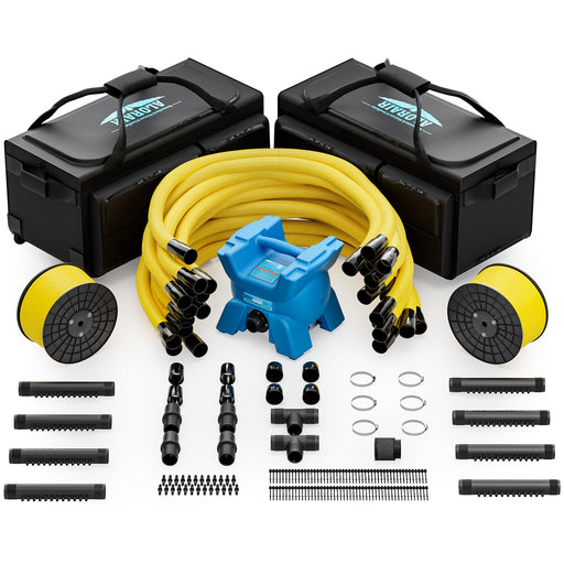 AlorAir X-Force kit laid out: blue blower, coiled yellow air hose, black supply lines and nozzles, manifolds, fittings and two black duffel bags
