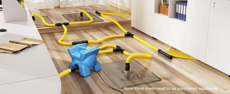 AlorAir X-Force blower in a room with yellow hose runs branching through T fittings to manifolds and supply lines