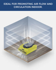 Yellow AlorAir Zeus 900 on a wood floor inside a transparent room graphic with airflow lines, under an Ideal for Promoting Air Flow caption