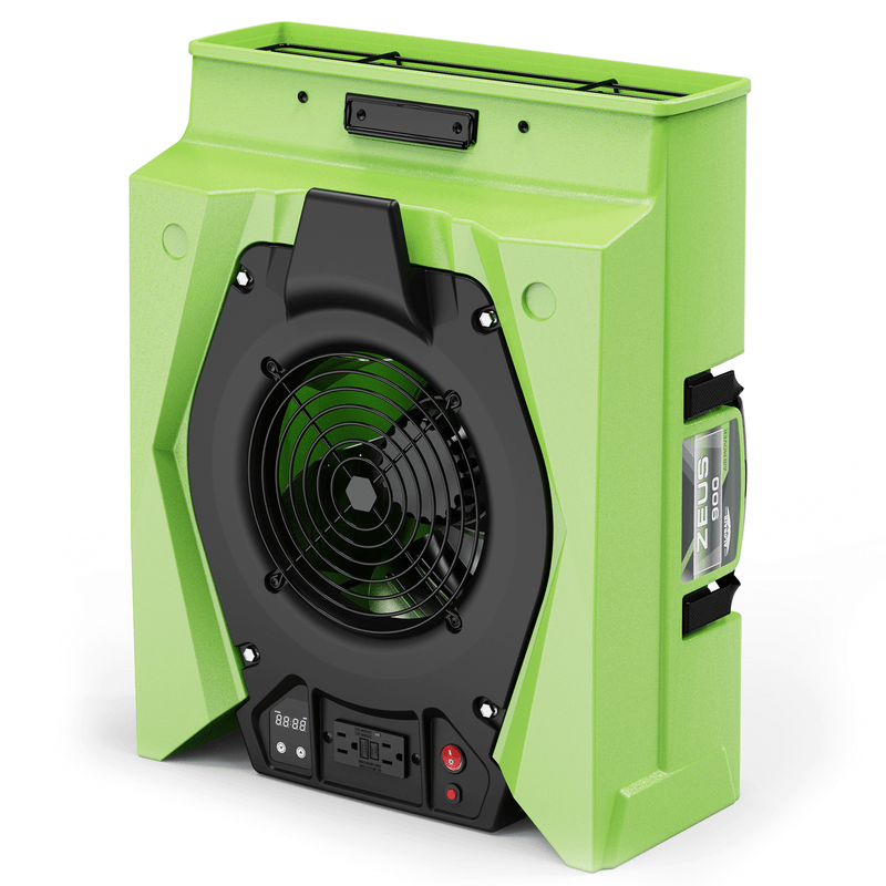 Green AlorAir Zeus 900 radial air mover standing upright, front view