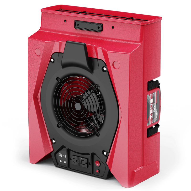 Red AlorAir Zeus 900 radial air mover standing upright, front view