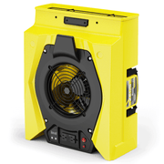 Yellow AlorAir Zeus 900 radial air mover standing upright, front view of the intake grille and control panel