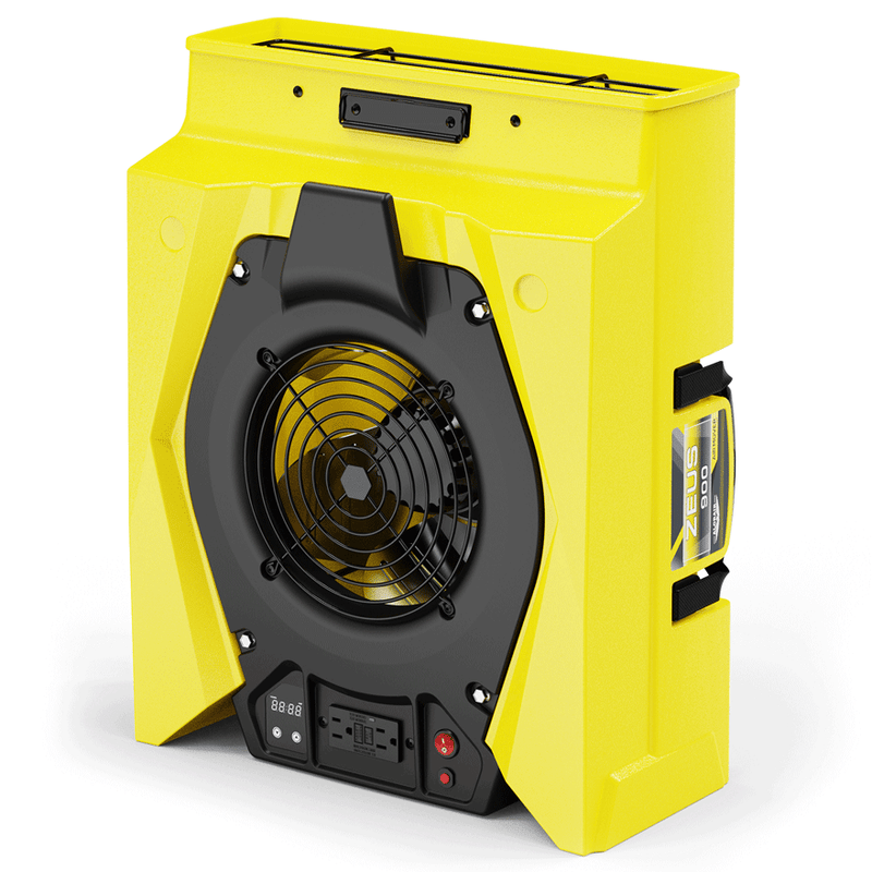 Yellow AlorAir Zeus 900 radial air mover standing upright, front view of the intake grille and control panel